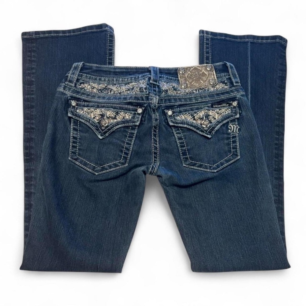Miss Me y2k Jeans Womens 27 Bootcut Low Rise Dark Wash Distressed Sequin Pocket - Picture 2 of 6